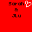 Red background with black text 'Sarah & Jlu' and a white pixelated heart symbol next to 'Sarah'.