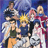 Pixelated static image of multiple anime-style characters in a group pose with varied colors and clothing against a blue background.