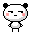 Pixelated cartoon panda with black ears, pink cheeks, and a neutral expression on gray background.