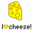 Pixelated yellow cheese wedge with holes on white background, below which is text reading 'I [heart] cheese!' in gray and yellow pixels.