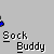Animated sequence of a blue figure with white head interacting with red shapes on gray background, text 'Sock Buddy' below each frame