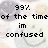 Pixelated text states '99% of the time im confused' and '100% of the time i dont no what i said' over a faded background with repeated smiley faces.