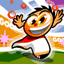 Pixelated cartoon character with orange face, red-and-white outfit, and black hair, shown in three distinct poses against a colorful background with partial text and shapes.