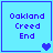 Four light blue square with dark blue borders display "Oakland Creed End" text and heart symbols in pixelated style