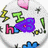 Pixelated circular icon with white background, pink hearts, green lightning bolts, blue puzzle pieces, and colorful text elements including "I", "H", "heart" in various colors.