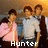 Group of four people in formal attire with text overlays changing between frames, showing a transition from 'Hunter' to '<3' to 'Jo Bros'.