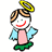 Animated angel figure with yellow halo, light blue wings, pink torso, green skirt, and red smile in multiple poses.