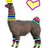 Pixelated image of a brown alpaca wearing colorful striped bands around its neck, legs, and tail with a yellow crown on its head and a purple heart above it.