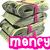 Stacks of rolled green bills bound with pink bands, overlaid with bright pink text reading "mone" and "on my mind" across four