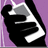Pixelated icon with black silhouette of a figure holding a white and gray object against purple background.