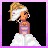 Pixelated image of a woman in profile wearing a white dress with a large skirt, blonde hair styled up, and hoop earrings against black background.