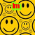 Yellow background filled with repeating black-outlined smiley faces, overlaid with red and yellow text fragments.