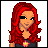 Pixel art contact sheet showing two frames of an animated buddy icon: a red-haired character on the left and stage lights with text on the right.