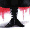 Animated sequence showing a character's lower body, torso with knife, and upper body against red background.