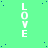 Green background with scattered blue dots and vertical white text reading "LOVE" repeated in four