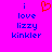 A static pixel art image with a bright pink background, blue text reading "i love lizzy kinkler" and an orange heart symbol above the word "love".