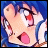 Pixelated anime-style character with blue hair and red eyes, mouth open in a shout, against a blue background with white and pink accents.