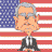 Pixelated cartoon figure with gray hair and glasses, wearing a black suit and white shirt against an American flag background.
