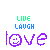 A contact sheet of 17 animated frames showing a pixelated 'live laugh love' icon with purple smiley face text and green/blue header text on white background.