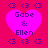Four identical pink heart-shaped icons with 'Gabe & Ellen' text, surrounded by blue arrow symbols on a red background.