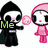 Pixelated cartoon figures in black and pink outfits holding lollipops, with text labels 'Me' and 'You', red hearts, and partial red text below.