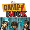 Disney Camp Rock logo with yellow 'CAMP' and red 'ROCK' text above a blue curtain background with stars and three young men in black-and-white attire.