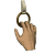 Animated sequence of a hand grasping and releasing a golden ring attached to a white cord, showing three distinct grip states.