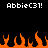 Pixelated text 'AbbieC31!' appears twice at the top of a black background with orange flame shapes along the bottom edge.