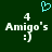 Pixelated green background with white text 'Amigo's' and ':)' below, two white '4's above, and a cyan heart symbol at top center.
