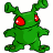 A pixelated green cartoon character with red eyes and multiple limbs on a white background, next to green text reading "Original Icons .com" on a dark green background.