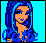 Pixelated character with blue hair and lips, wearing a blue top against varying blue backgrounds.