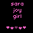 Pixelated pink text 'sara joy girl' above five heart symbols on black background, with one purple heart in the center.