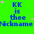 Green background with blue text reading "KK is thee" and "Nickname" repeated in a , pink and white stars scattered throughout