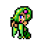 Pixel art character with green hair and outfit in multiple poses including walking, standing, and circular motion effects.