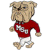 Pixelated cartoon dog mascot wearing red sweater with white text, standing in walking pose on transparent background.