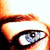 A close-up of a human eye with light blue iris and brown eyebrow, showing subtle pixel-level variations across four