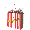Red and white striped popcorn box with yellow 'popcorn' text, animated to show scattered popcorn kernels in various positions across frames.