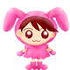 Two static views of a cartoon character in a pink bunny costume with large ears, brown hair, and pink shoes against a gray background.