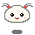 Four pixel-art frames of a round white character with red-tipped antennae, black eyes, pink cheeks, and a smiling mouth on gray background.