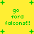 Yellow background with green pixelated text reading "go ford falcons!!!" and plus signs, displayed in a of four identical sections