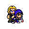 Pixel art of two characters: a blonde man in dark clothing and a hooded figure with blue accents, standing close together.
