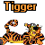 Pixelated static icon featuring orange text "Tigger" above a tiger-like cartoon character with striped fur, set against white background.