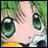 A 48x48 pixel buddy icon featuring a close-up of an anime-style character's face on the left and stylized text on the right against a black background.