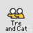 Pixelated yellow figures with white circular heads holding hands, labeled 'Tre and Cat' beneath them on a light gray background.