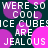 Pixelated text repeats 'WERE SO COOL', 'ICE CUBES ARE JEALOUS' over dark background with pink and purple circles.