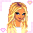 A 4x4 contact sheet of a pixel art animated buddy icon featuring a blonde cartoon woman with blue eyes, showing different poses and text variations across frames.