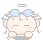 Pixelated character with closed eyes, pink cheeks, and blue hair accessories in four variations showing different wing positions.