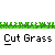 Pixel art animation of a stick figure cutting grass with a red lawnmower across multiple frames, displayed in a 3x3 contact sheet format with repeated "Cut Grass" text below each frame.