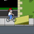 Pixelated image of a person riding a bicycle on a sidewalk with green grass and building background.