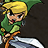 Pixelated character with blonde hair and green tunic holding a sword, standing against dark background.